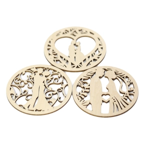 Three-piece laser cut wooden coasters with romantic couple silhouettes and heart details