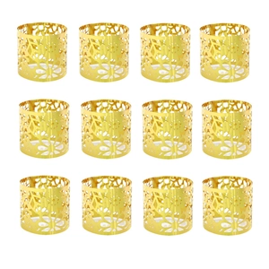 Set of 12 gold laser-cut floral napkin rings made of premium metal in a neat grid display