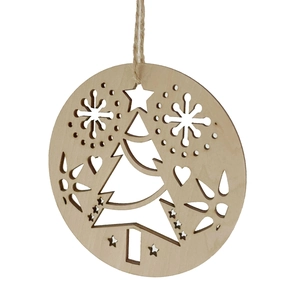 Detail of laser-cut wooden Christmas ornaments with snowflake and tree patterns on white background