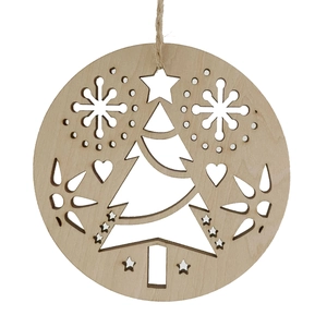 Laser cut wooden Christmas ornaments with snowflake and tree patterns and natural hemp rope
