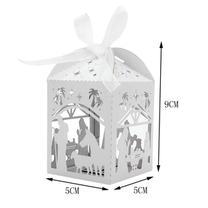 White Nativity laser cut gift box with 5x5x9cm dimensions and organza ribbon