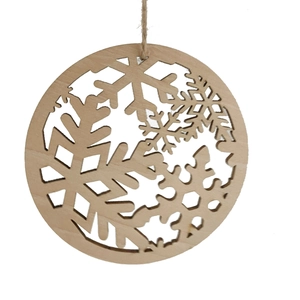 Detail of laser-cut wooden snowflake ornament with natural hemp rope for Christmas decor