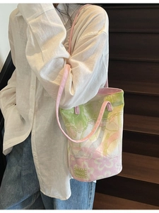 Floral canvas tote bag with abstract print and pink handles for women daily commuting