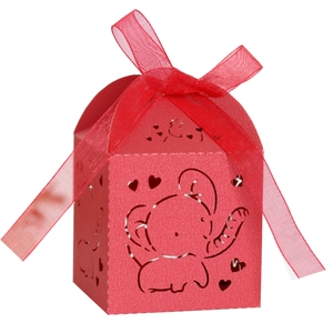 Detailed laser-cut red paper candy box with elephant and heart patterns and ribbon