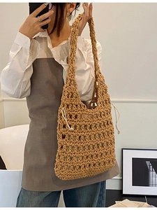 Minimalist khaki woven hollow knit tote bag with drawstring inner pouch for women
