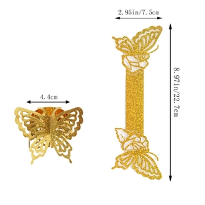 Detailed view of golden glitter laser-cut butterfly napkin ring dimensions and texture
