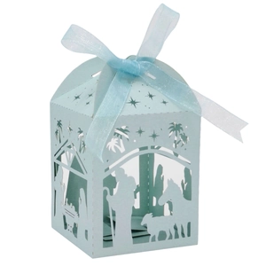 Laser-cut nativity scene favor box in light blue cardstock with matching ribbon bow