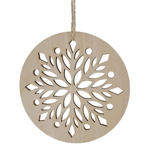 Laser-cut wooden snowflake Christmas ornament with natural twine rope on white background