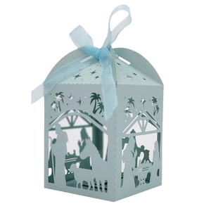 Light blue laser cut Nativity candy box with hollow star design and satin ribbon