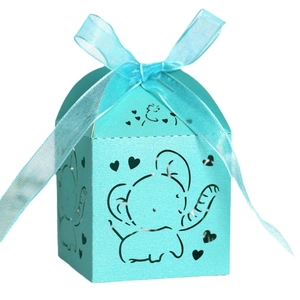 Laser-cut elephant candy box in Tiffany blue with pearlescent finish and ribbon