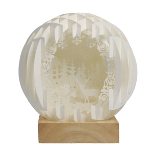3D laser-cut Christmas lantern with snowman and reindeer on wooden base