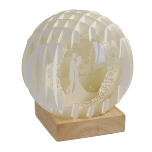 3D hollow paper carving ball light with romantic couple scene on natural wooden base