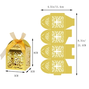 Detailed size guide of gold laser-cut cross candy box with ribbon and dimensions