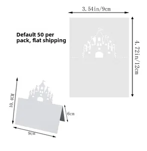 Detailed laser-cut castle seat cards showing flat and folded dimensions for events