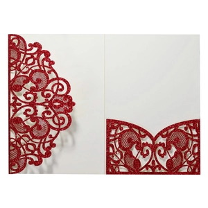Red glitter laser cut wedding invitation pocket with intricate floral hollow design