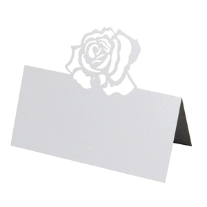 Laser-cut rose design pearl white tent place cards for wedding tables and parties