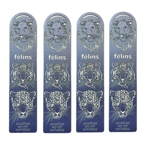 Set of four metal bookmarks featuring laser-etched feline illustrations and museum text