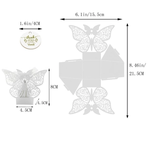 Laser-cut butterfly favor box in white with Thank You tag and size dimensions