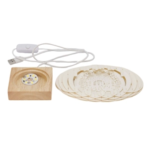 DIY kit for 3D paper cut light including wooden LED base and winter themed laser cut layers