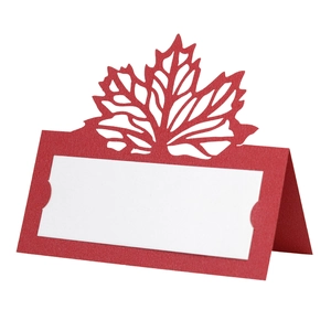 Laser cut red maple leaf place card for Thanksgiving dinner seating and wedding tables