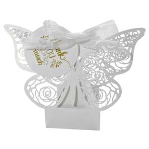 White laser-cut butterfly gift box with rose hollow pattern and Thank You tag