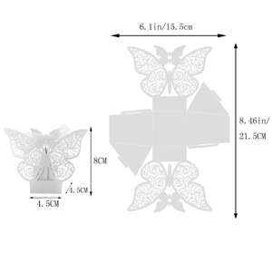 Detailed dimensions of laser-cut butterfly wedding favor box with rose patterns