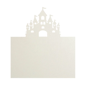 Macro detail of laser-cut white palace castle design on pearlescent paper table card