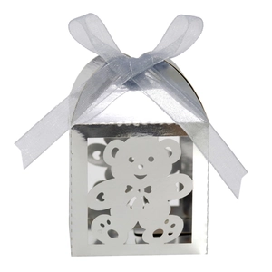Scatola regalo a forma di orso argento specchiato con fiocco in seta azzurro chiaro