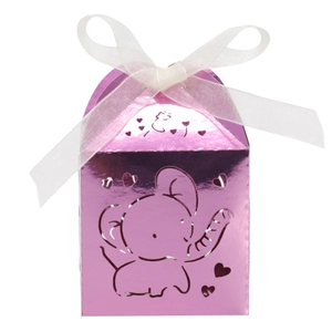 Close-up of laser-cut elephant and heart patterns on a mirror pink candy gift box