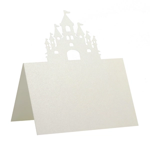 Macro detail of laser-cut palace castle table card made of white pearl paper