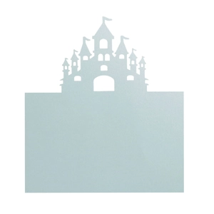 Detail of light blue laser-cut table card with intricate palace silhouette design