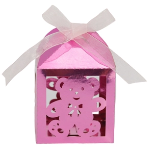 Scatola regalo rosa metallizzato con orsetto traforato e fiocco in seta bianca
