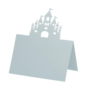 Light blue laser-cut castle place card for party table decoration with folding design