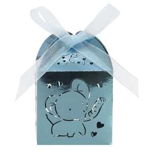 Macro detail of glossy blue elephant candy box with hollow hearts and ribbon bow