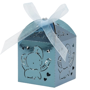 Sky blue laser-cut elephant favor box with heart patterns and satin ribbon bow