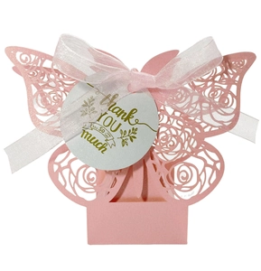 Pink laser-cut butterfly gift box with rose pattern, ribbon and Thank You tag