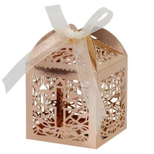 Rose gold hollow cross candy box with white ribbon for wedding and party favors