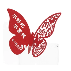 Red butterfly place card for wine glass with hollow pattern and custom printed text