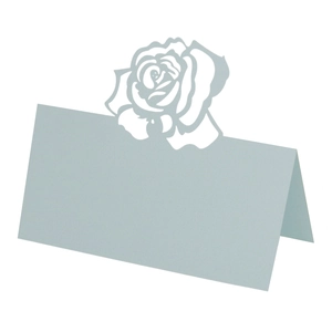 Detailed laser cut light blue place card with rose design for wedding table settings