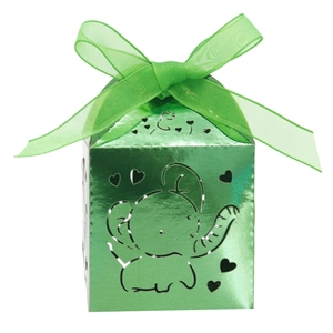 Detail of light green hollow elephant candy box with a matching organza ribbon bow