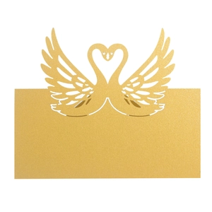 Detailed laser-cut swan place card in gold pearlescent paper for wedding table decor