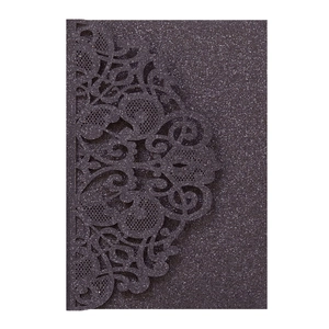 Detailed laser cut lace wedding invitation cover in purple glitter paper finish