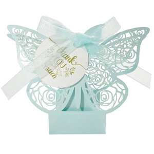 Laser cut butterfly candy box in light blue with white ribbon and Thank You tag