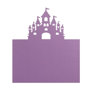 Detail showing laser-cut purple castle seat card with intricate fairytale tower silhouette