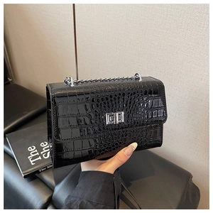Close-up of black crocodile pattern leather bag with silver metal twist lock and chain
