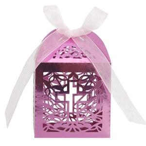 Detail view of purple hollow cross candy box with ribbon and shiny metallic texture
