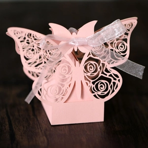 Detailed laser-cut rose patterns on elegant pink butterfly favor gift box with ribbon