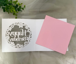 Close-up of laser-cut daisy patterns and Happy Birthday lettering on a pink and white card