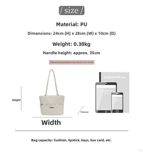 Size chart showing beige quilted tote bag dimensions with iPad and A4 paper comparison
