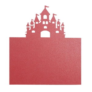 Detailed laser-cut castle design on a red pearlescent place card for wedding decor